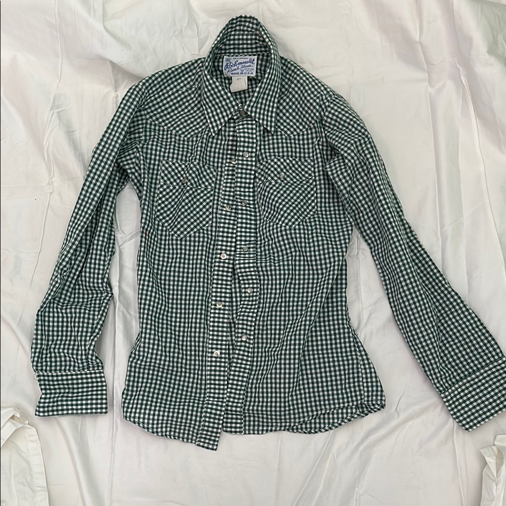 Green Gingham Button-Up Shirt
